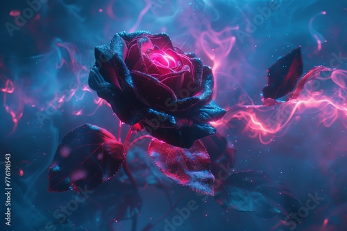 Una rosa de otra dimensión brilla con luz propia, sus pétalos una constelación de estrellas contra el remolino de velos cósmicos. photo