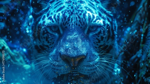 Bañado en el baile cósmico de azules estrellados, la mirada de un leopardo atraviesa el velo celestial, susurrando secretos del cielo nocturno salvaje.