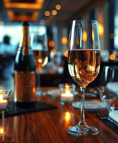 El resplandor íntimo de una experiencia de alta cocina queda capturado en la efervescencia de una copa de champán, celebrando el arte del brindis en un entorno de lujo discreto.