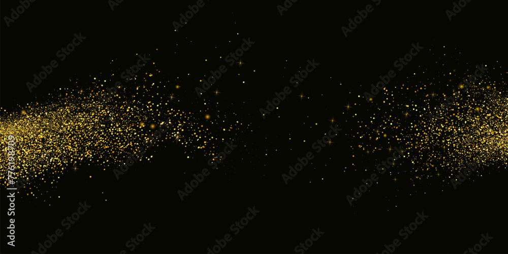 Glittering stars with golden  and silver shimmering swirls, shiny  design. Magical motion, sparkling lines on a black background.