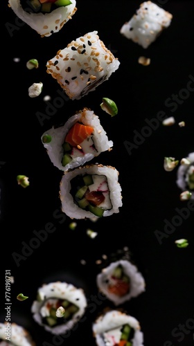 Una cascada cautivadora de rollos de sushi suspendidos en el aire, sus detalles intrincados resaltados contra el contraste marcado del vacío, creando un baile dinámico del arte culinario japonés. photo