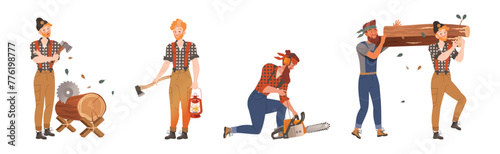 Male Lumberjack Character Chopping Wood Vector Set