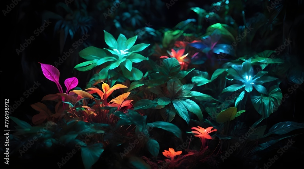 Glowing Tropical leaves colorful flower, flowers in the night, background with flowers. Generated AI
