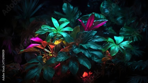 Glowing Tropical leaves colorful flower, flowers in the night. Generated AI