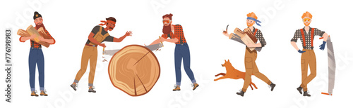 Male Lumberjack Character Chopping Wood Vector Set