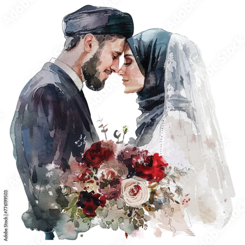 Couple muslim wedding holding a bouquet ilustration watercolor