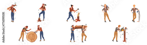 Male Lumberjack Character Chopping Wood Vector Set
