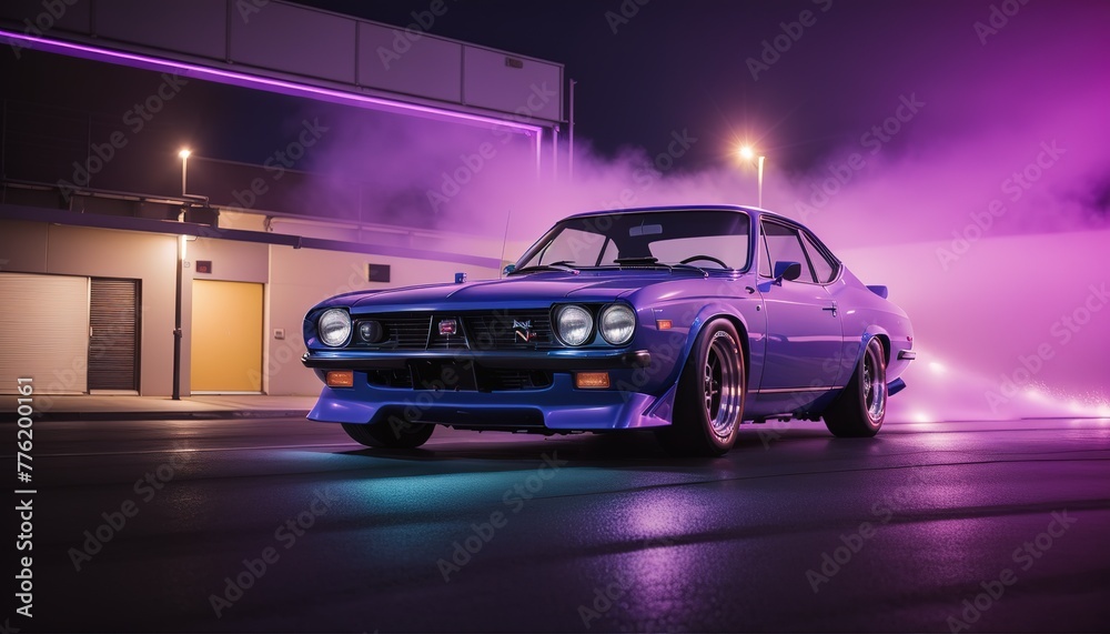 Purple classic sports car on the city street in night