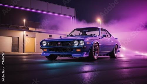 Purple classic sports car on the city street in night © Jeffrey