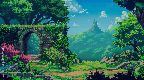Design a pixelated cartoon environment for an game featuring biophilic design principles in a highly detailed 2D format.