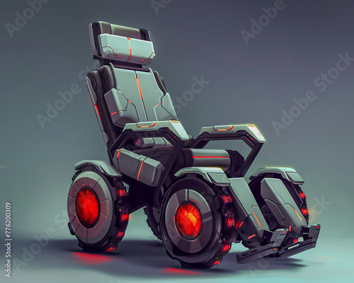 Illustrate a futuristic wheelchair accessory for a character in a pixelated cartoon world.
