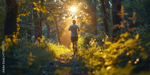 Man Running Through Forest at Sunset