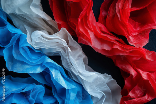 Red white and blue crepe paper on black background. Generative AI