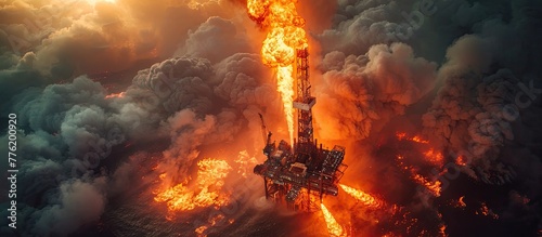 Aerial View of Drilling Rig Amid Raging Oil Well Blowout Inferno