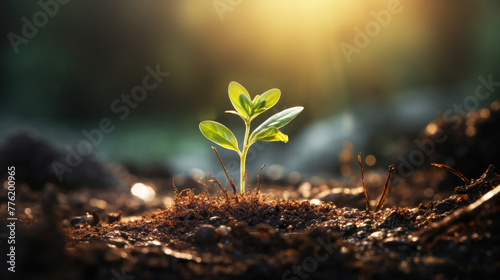 Young plant growing in soil with sunlight. small tree growing on soil in the garden with sunshine.