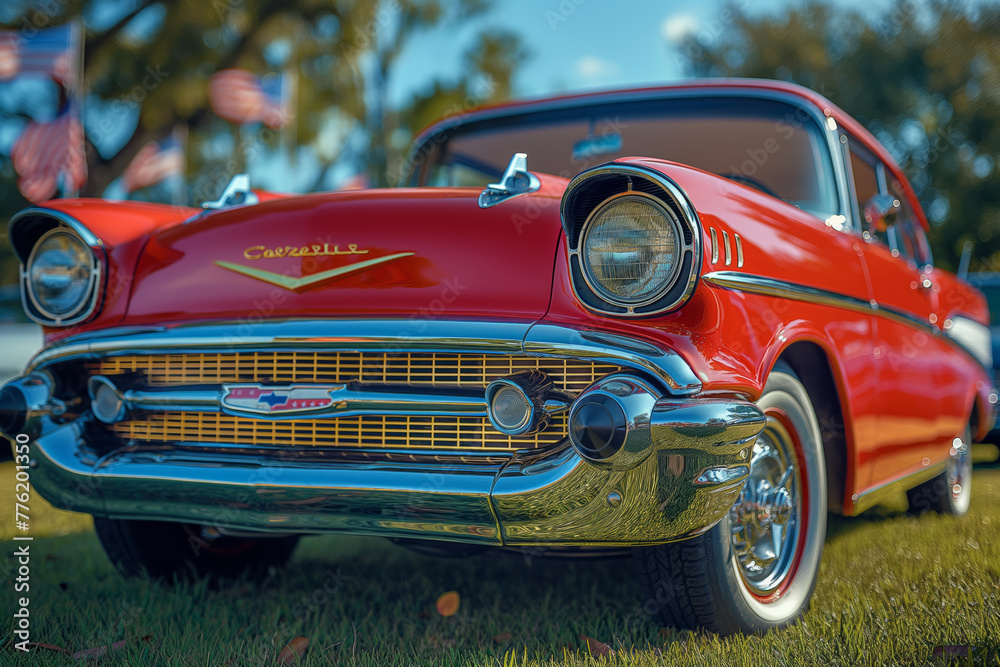 Retro car with American flag. Generative AI Retro car with American flag. Generative AI