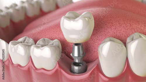 3D illustration the process of dental implant. Crown, abutment, screw.