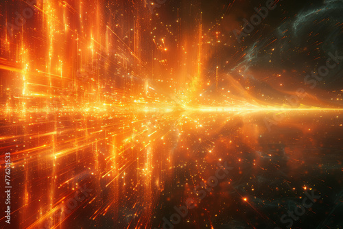 Abstract golden particles move dynamically on a dark background of space and matter. Golden glare, lights, glow, background for design.