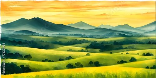abstract painting of grasslands under a blazing sunset waves of greens