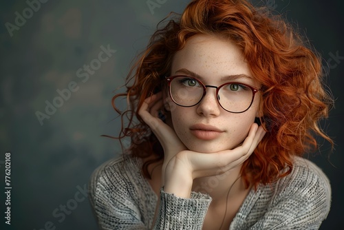 A woman with red hair and glasses posing for a picture