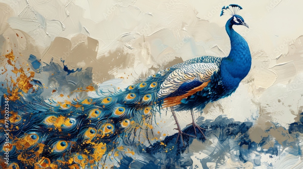 Peacock Painting on Blue Background - obrazy, fototapety, plakaty 