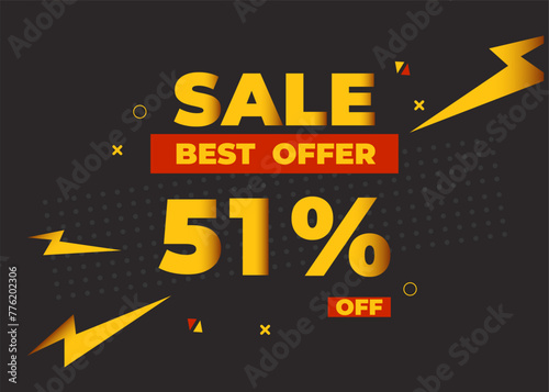 51% off sale best offer. Sale banner with fifty one percent of discount, coupon or voucher vector illustration. Yellow and red template for campaign or promotion.