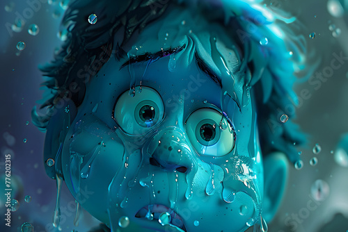 Fantasy human character sobbing and crying, drowning eyes and cheeks full of tear drops. Animation style V2. photo