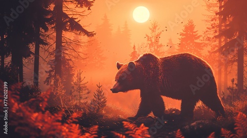 Vintage illustration of a bear wandering through an ancient forest with a misty morning backdrop