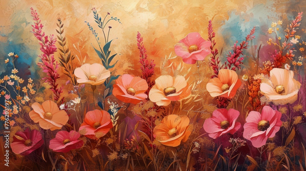 Vibrant Flowers in a Field Painting - obrazy, fototapety, plakaty 