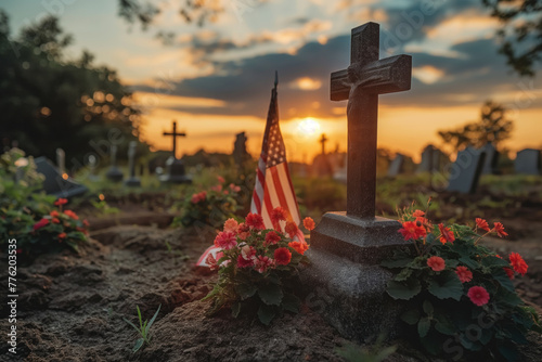 The American flag placed on the grave of a fallen soldier, a poignant tribute to their sacrifice. Memorial Day. Generative AI