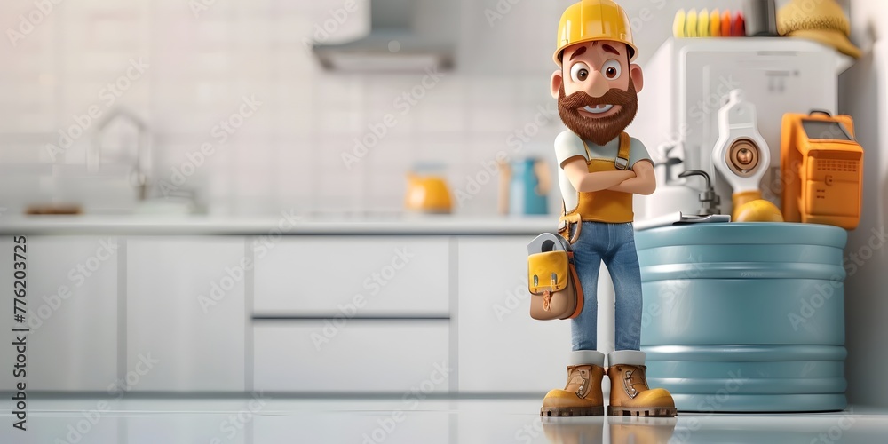 Cheerful Plumber Character Fixing Leaks and Defending Against Drips on a White Isolated Background - obrazy, fototapety, plakaty 