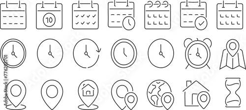 Date, Time and address concept editable stroke outline icons set isolated on white background flat vector illustration. Pixel perfect. 64 x 64.