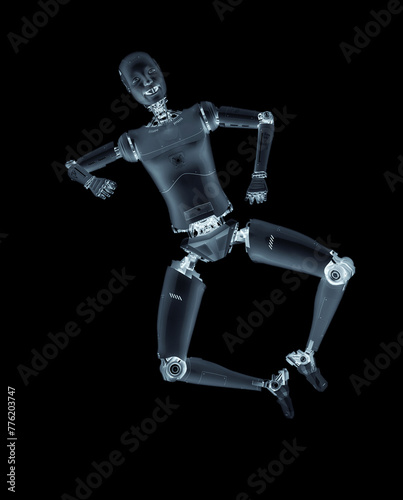 female cyborg is jumping and happy
