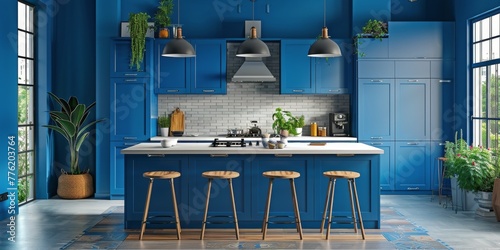 Blue Kitchen With White Cabinets © yganko