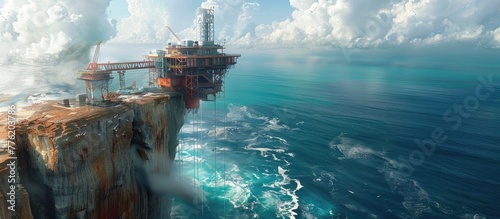 Drilling Rig Perched on Cliffs Edge Overlooking Vast Ocean Expanse