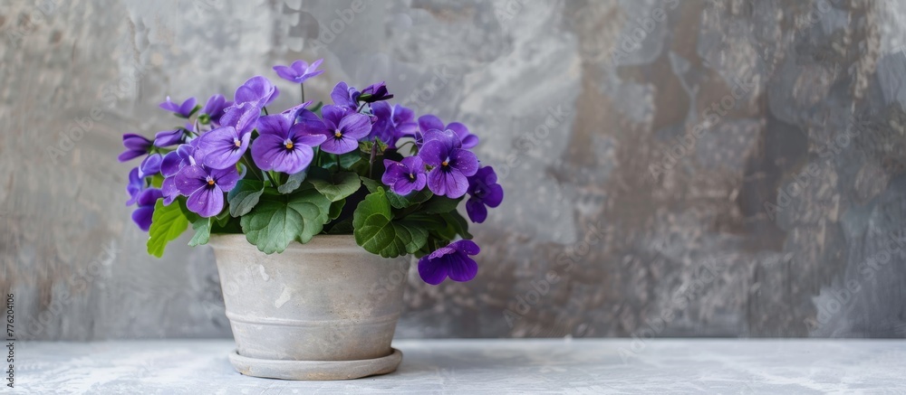 Purple flowers in a pot on a table against a wall