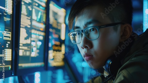 A focused Asian cybersecurity specialist analyzing log files and network traffic patterns to identify suspicious activities and potential security breaches in real-time.