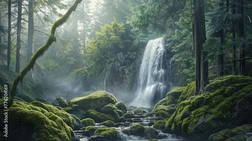 A hidden waterfall cascading down moss-covered rocks in a secluded forest, a hidden gem waiting to be discovered by the adventurous traveler. photo