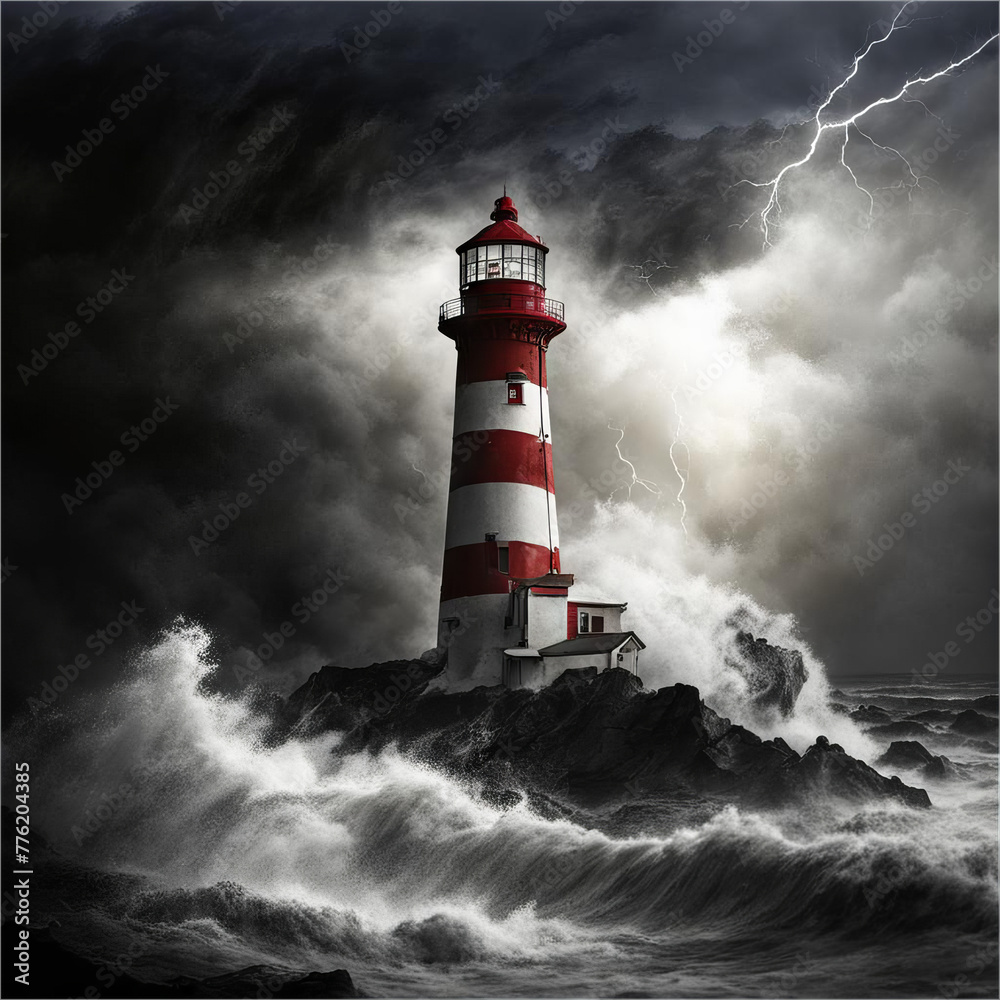 Lighthouse at night in a storm.