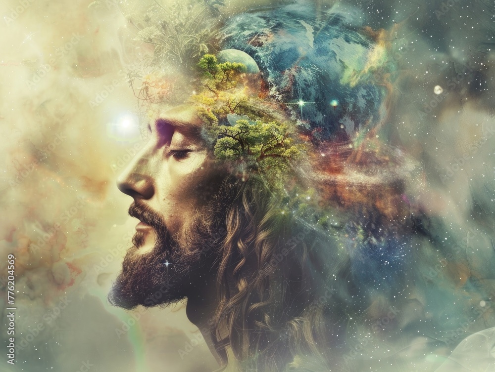 Surrealistic vision of Jesus Christ with elements of nature and the universe blending together