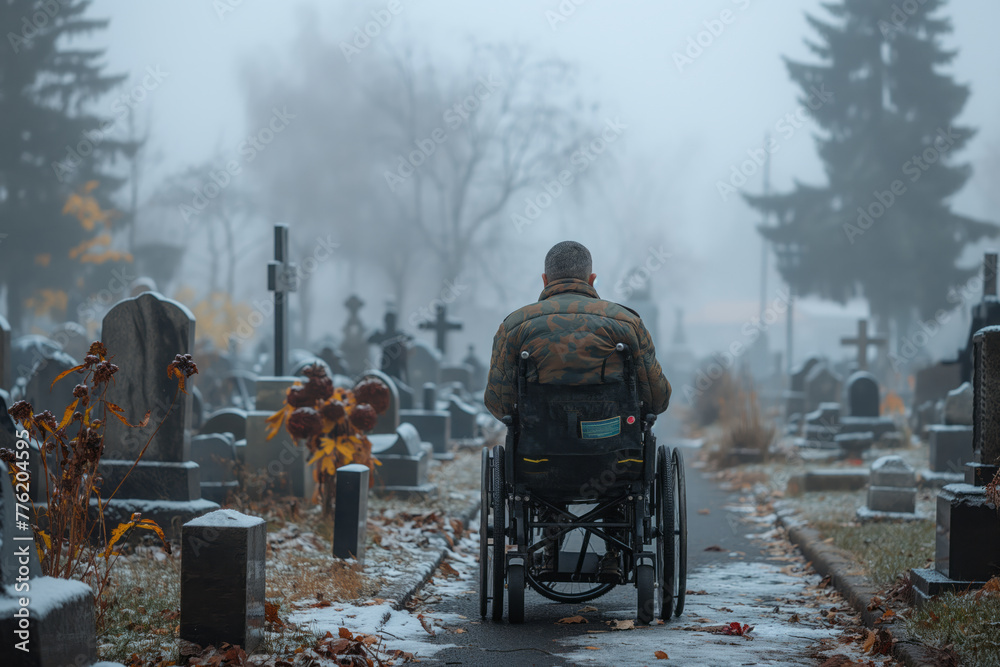 Veteran in wheel chair in a cemetery. Generative AI