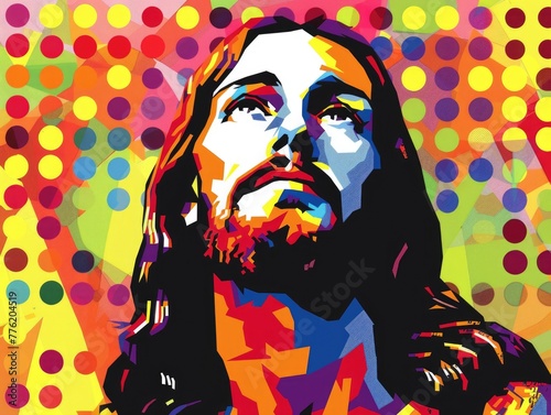 Pop art rendition of Jesus Christ  with bold colors and comic style dot patterns