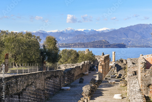 View of the Grottoes of Catullo, the ruins of a Roman villa built at the end of the 1st century B.C. on the shore of Lake Garda, Sirmione, Brescia, Lombardy, Italy