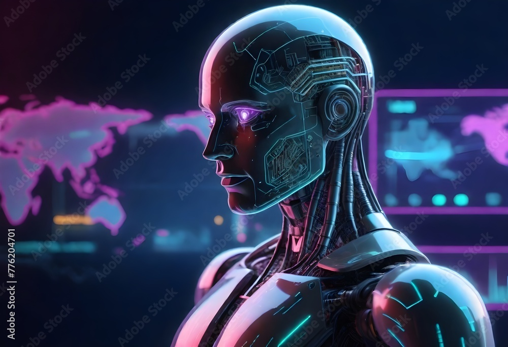Female robot with pink glowing eyes and exposed mechanical parts