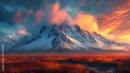 Majestic Mountain Peaks , Wide-angle landscape shot capturing towering mountain peaks against a dramatic sky, emphasizing grandeur and scale. Generative AI