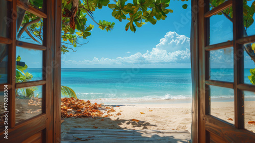 Open door of a beach house overlooking an amazing paradise beach. Beach holiday concept.