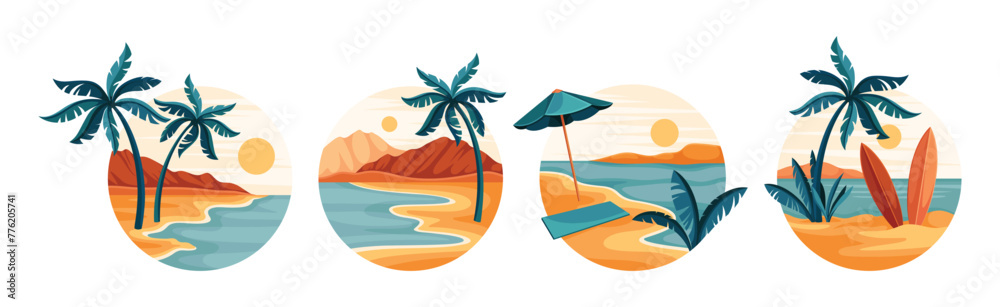 Obraz premium Tropical Landscape with Palm Tree and Sandy Shore Vector Set