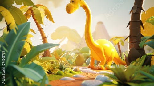 Cartoon of yellow dinosaurs in the forest photo