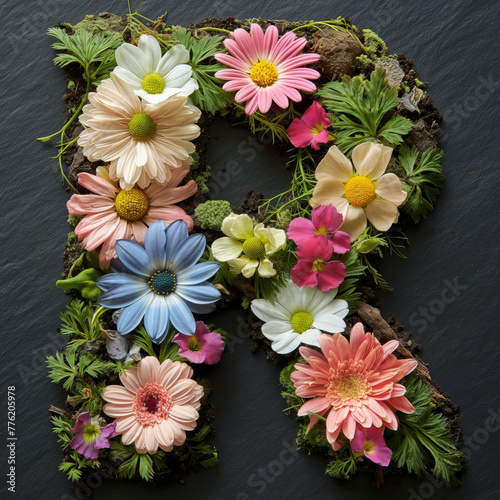 Buchstabe „R“ besteht aus Blumenboden photo