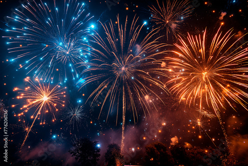 Fireworks illuminating the night sky in vibrant bursts of color, celebrating Independence Day across the United States